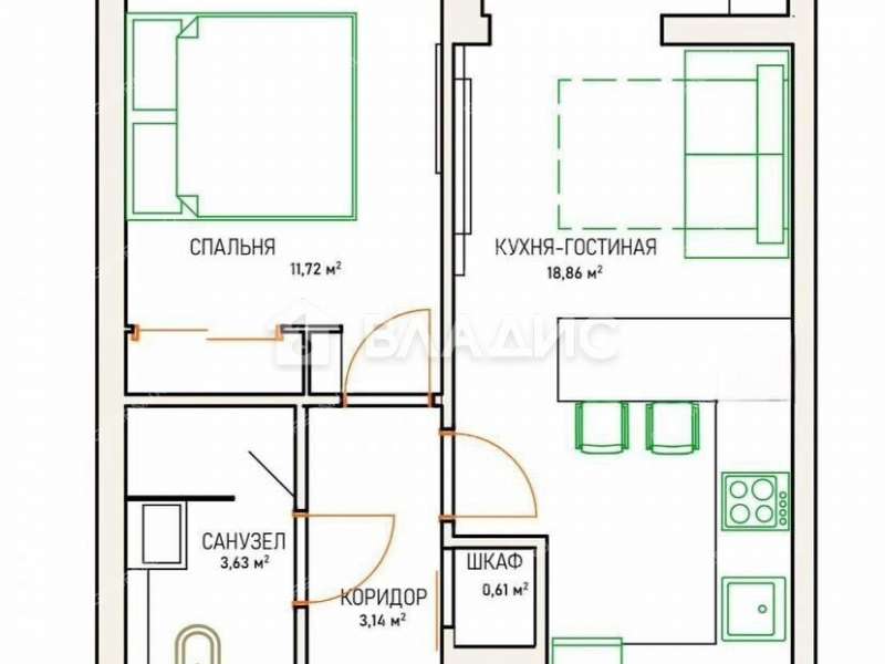 однокомнатная квартира на 1-й Оранжерейной улице дом 24А
