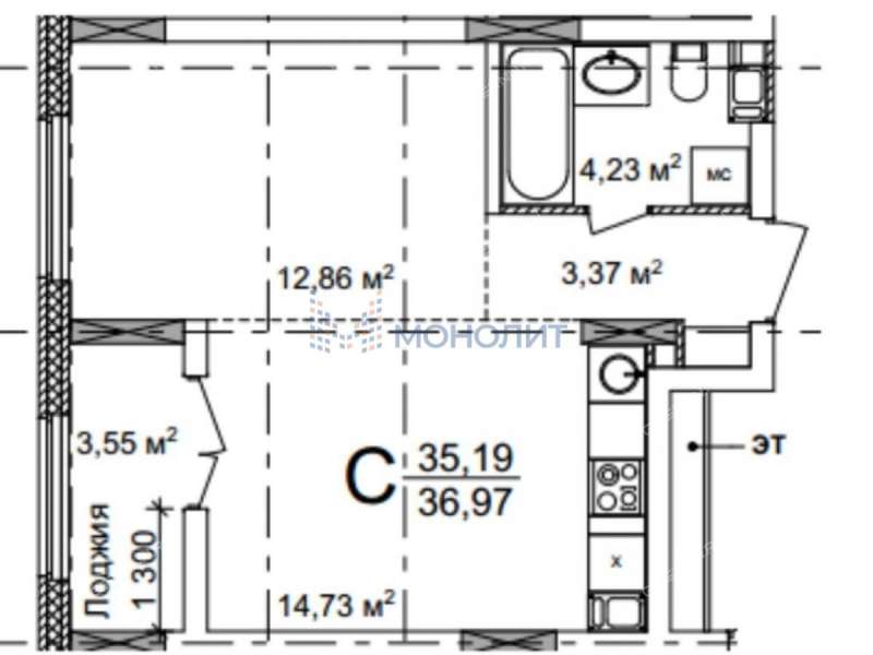 однокомнатная квартира на 2-й Оранжерейной улице дом 4Ак1