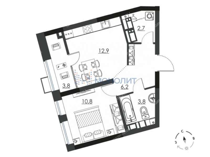 однокомнатная квартира в новостройке на Витебской улице